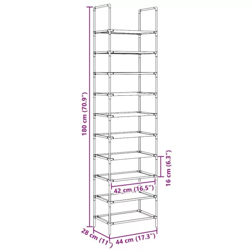  fekete nem szőtt szövetből cipőállvány 10 szintes 44x28x180 cm
