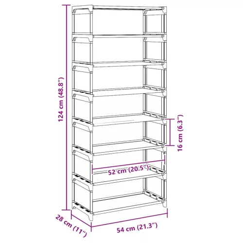  fekete nem szőtt szövetből cipőállvány 8 szintes 54x28x124 cm