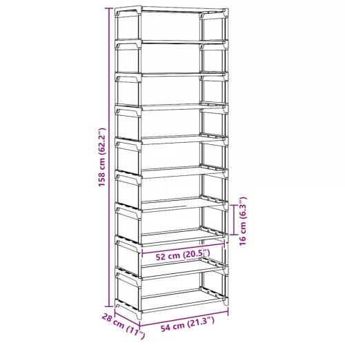  szürke nem szőtt szövetből cipőállvány 10 szintes 54x28x158 cm