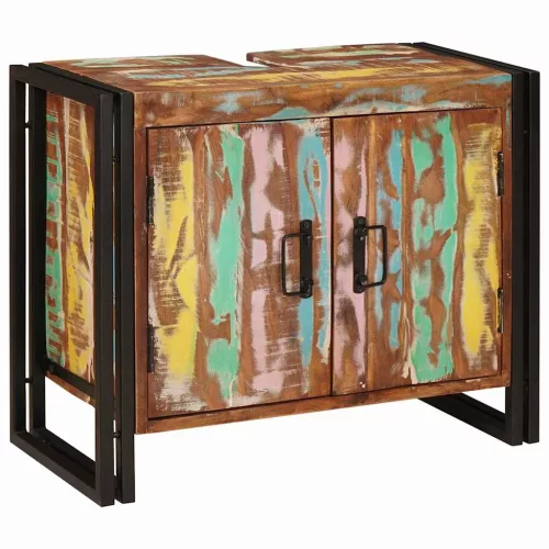  Fürdőszobai mosdószekrény Tömör Újrahasznosított Fa, Vas