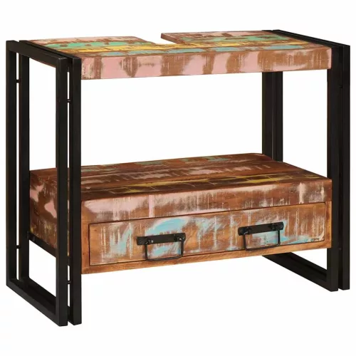  Fürdőszobai mosdószekrény Tömör Újrahasznosított Fa, Vas