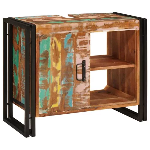  Fürdőszobai mosdószekrény Tömör Újrahasznosított Fa, Vas