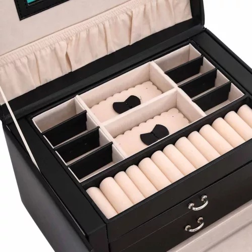  ékszerdoboz 3 rétegű tükörrel zárható fekete 26x18x17,5 cm