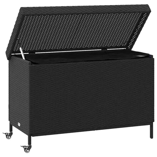  fekete polyrattan kerti tárolóláda kerekekkel 110x55x73 cm