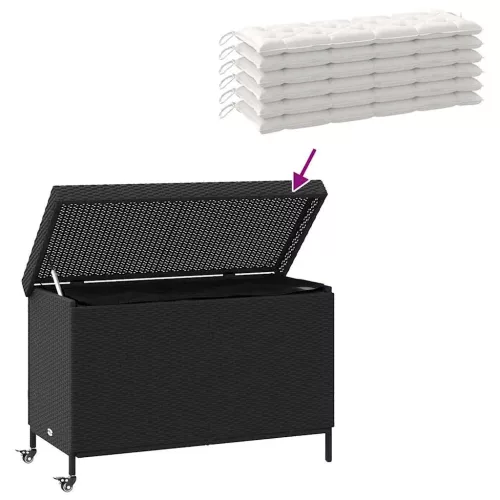  fekete polyrattan kerti tárolóláda kerekekkel 110x55x73 cm