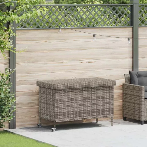  szürke polyrattan kerti tárolóláda kerekekkel 110x55x73 cm