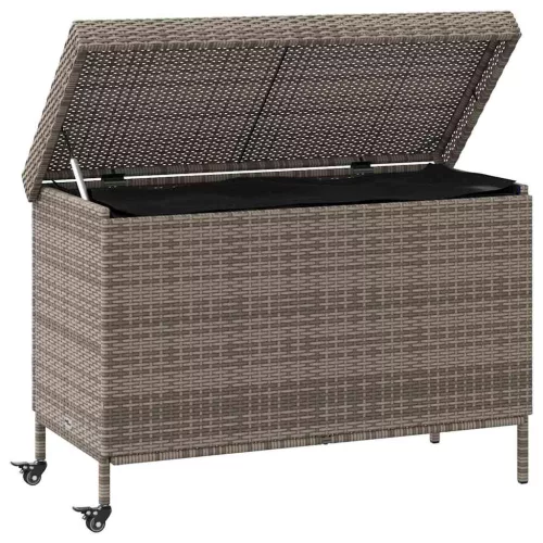  szürke polyrattan kerti tárolóláda kerekekkel 110x55x73 cm