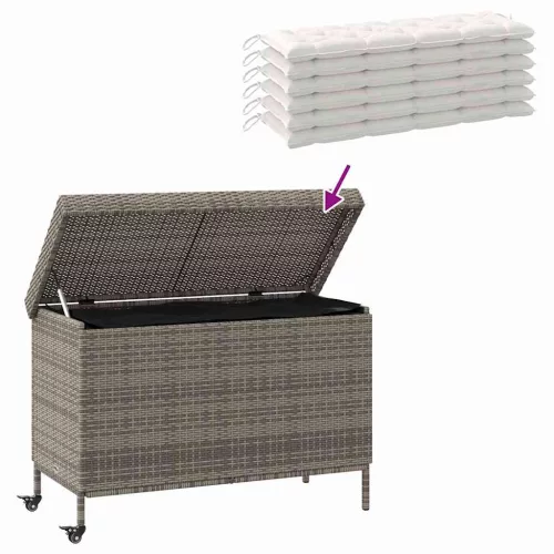  szürke polyrattan kerti tárolóláda kerekekkel 110x55x73 cm