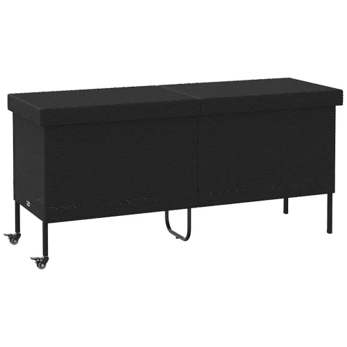  fekete polyrattan kerti tárolóláda kerekekkel 160x55x75 cm