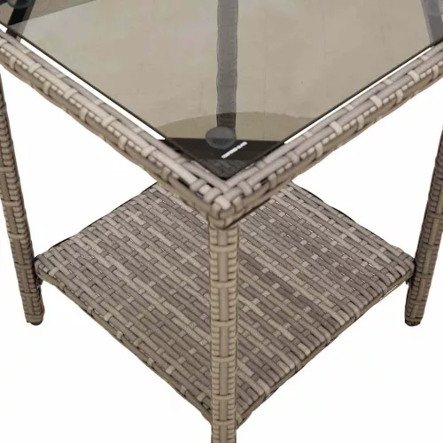  L-alakú szürke polyrattan kerti kanapé asztallal és párnával