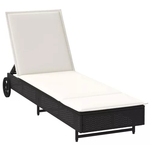  fekete polyrattan napozóágy kerekekkel és párnával