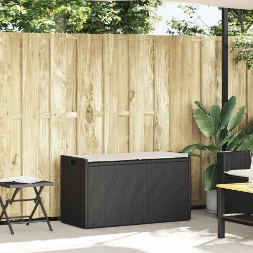  fekete polyrattan kültéri tárolópad párnával 100 cm