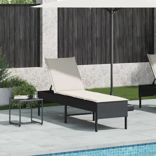  fekete polyrattan napozóágy párnával 55x200x44 cm
