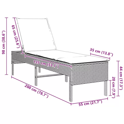  fekete polyrattan napozóágy párnával 55x200x44 cm