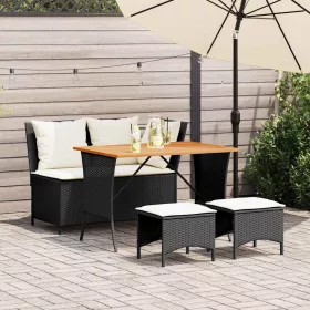  4 részes fekete polyrattan kerti étkezőszett párnákkal