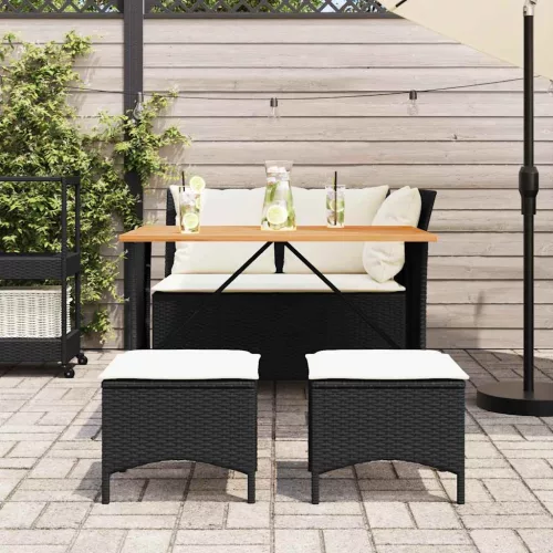  4 részes fekete polyrattan kerti étkezőszett párnákkal