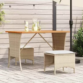  bézs polyrattan akácfa lapos kerti asztal 105x75x72 cm