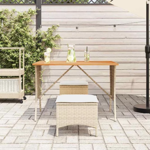  bézs polyrattan akácfa lapos kerti asztal 105x75x72 cm