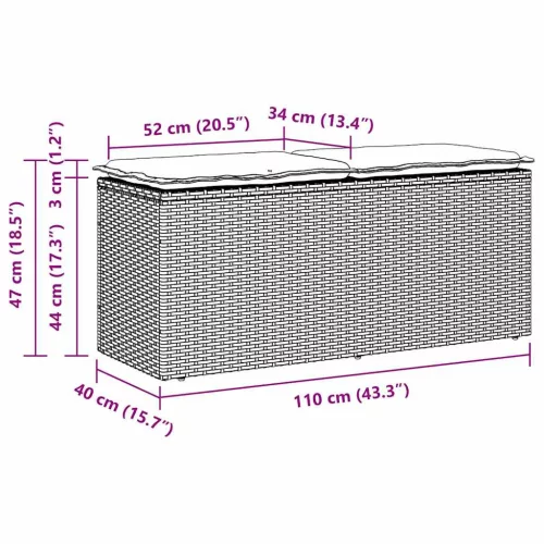  fekete polyrattan kerti pad párnával 110x40x44 cm