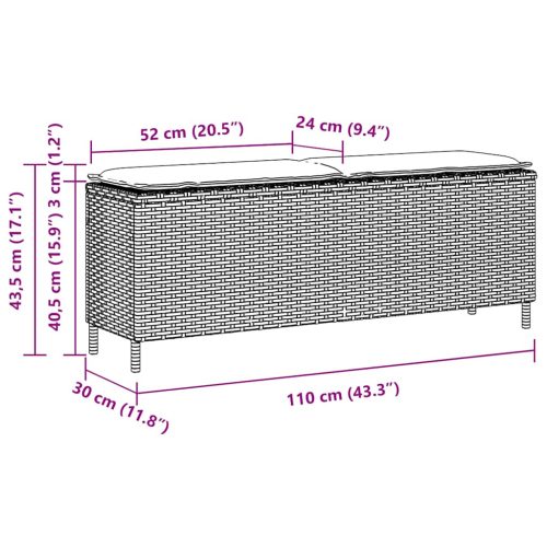  barna polyrattan kerti pad párnával 110x30x40,5 cm