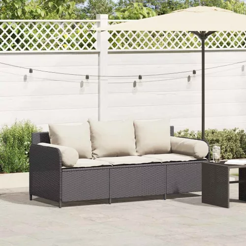  fekete 3 személyes polyrattan kerti kanapé párnákkal