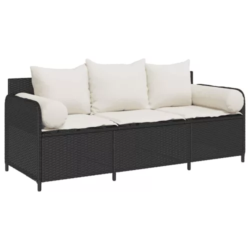  fekete 3 személyes polyrattan kerti kanapé párnákkal