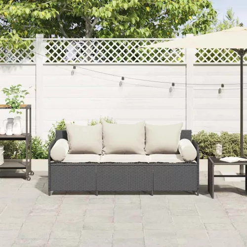  fekete 3 személyes polyrattan kerti kanapé párnákkal