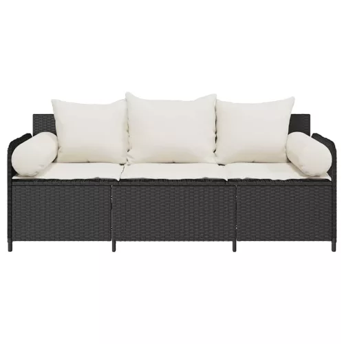  fekete 3 személyes polyrattan kerti kanapé párnákkal