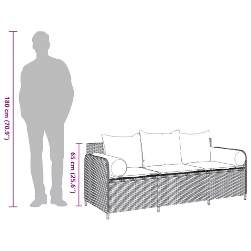  fekete 3 személyes polyrattan kerti kanapé párnákkal