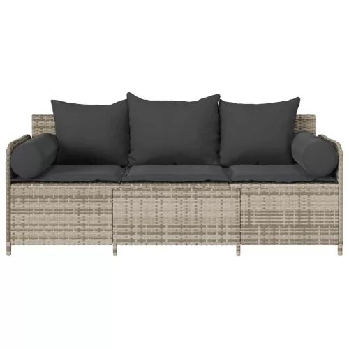  3 személyes világosszürke polyrattan kerti kanapé párnával