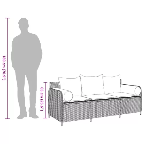  3 személyes világosszürke polyrattan kerti kanapé párnával