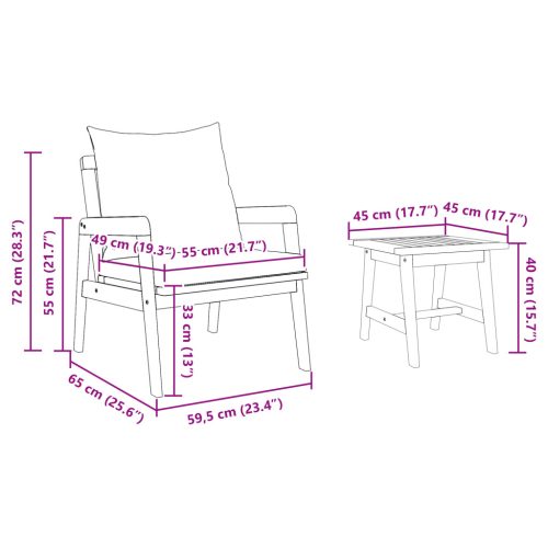  3 részes bistró szett párnákkal, tömör akácfából