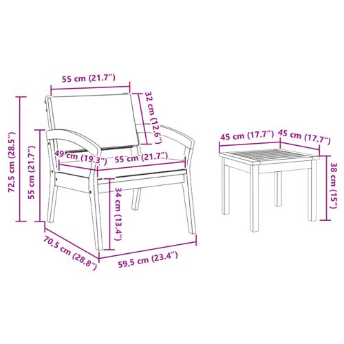  3 darabos bistro szett párnákkal, szilárd akácfából készült