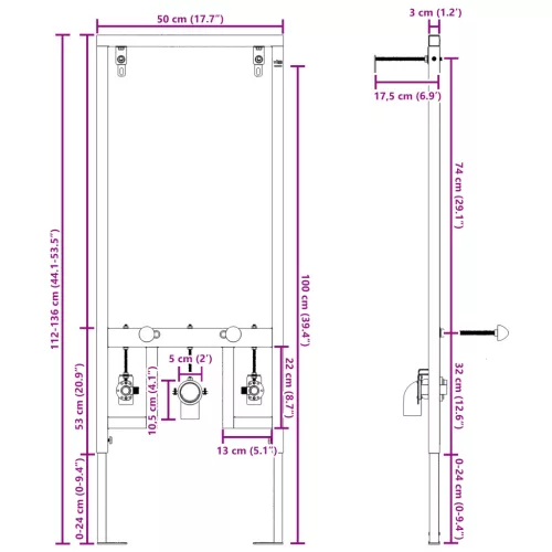  Rejtett felszerelési keret bidéhez 50x112-136 cm Acél