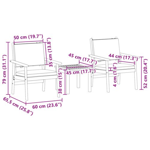  3 darabos kert-bisztró szett párnákkal, tömör akácfából