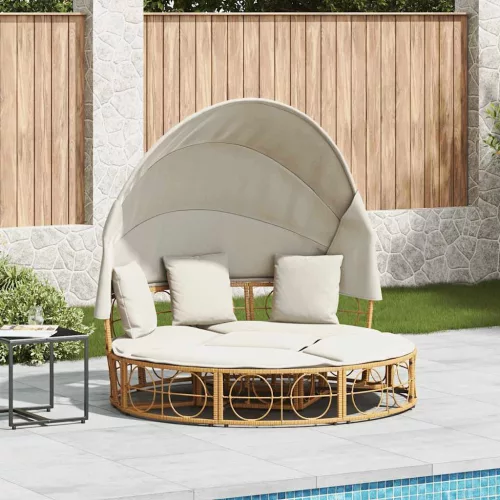  polyrattan kültéri napozóágy napellenzővel és párnákkal