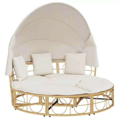  polyrattan kültéri napozóágy napellenzővel és párnákkal