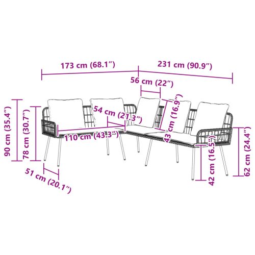  L-alakú kanapé természetes 231x173x78 cm polirattan