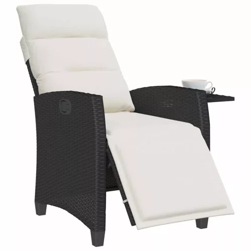 fekete polyrattan fekvő kerti szék oldalsó asztallal