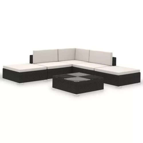  6-részes fekete polyrattan kerti bútorszett párnákkal