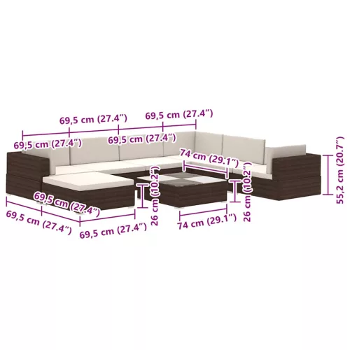  8-részes barna polyrattan kerti bútorszett párnákkal