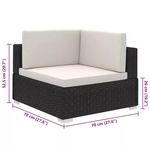  8-részes fekete polyrattan kerti bútorszett párnákkal