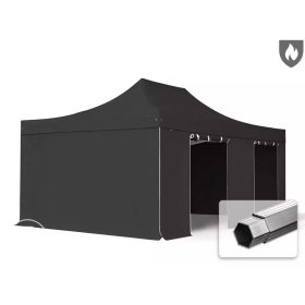   TP 4x6m összecsukható 850N alumínium pavilon, 4 db oldalfallal, ablak nélkül, tűzálló - fekete