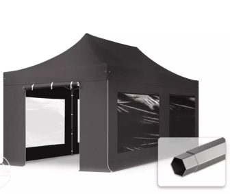 Professional összecsukható sátrak PREMIUM 350g/m2 ponyvával, acélszerkezettel, 4 oldalfallal, panoráma ablakkal - 3x6m sötétszürke