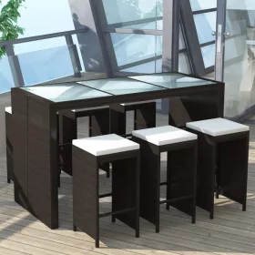  7 darabos barna polyrattan kerti bárszett párnákkal