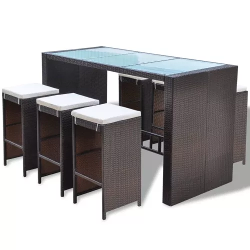  7 darabos barna polyrattan kerti bárszett párnákkal