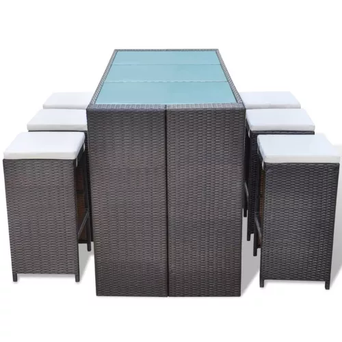  7 darabos barna polyrattan kerti bárszett párnákkal
