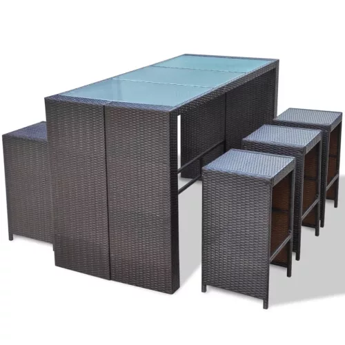  7 darabos barna polyrattan kerti bárszett párnákkal