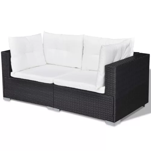  10-részes fekete polyrattan kerti bútorszett párnákkal