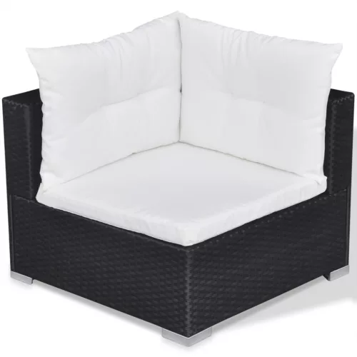  10-részes fekete polyrattan kerti bútorszett párnákkal